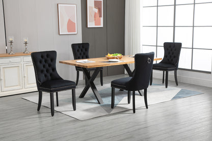 Upholstered Button Tufted Back Black Velvet Dining Chair with Nailhead Trim and Solid Wood Legs 2 Sets