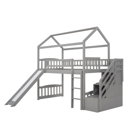 Twin Loft Bed with Two Drawers and Slide, House Bed with Slide,Gray (OLD SKU:LP000030AAE)