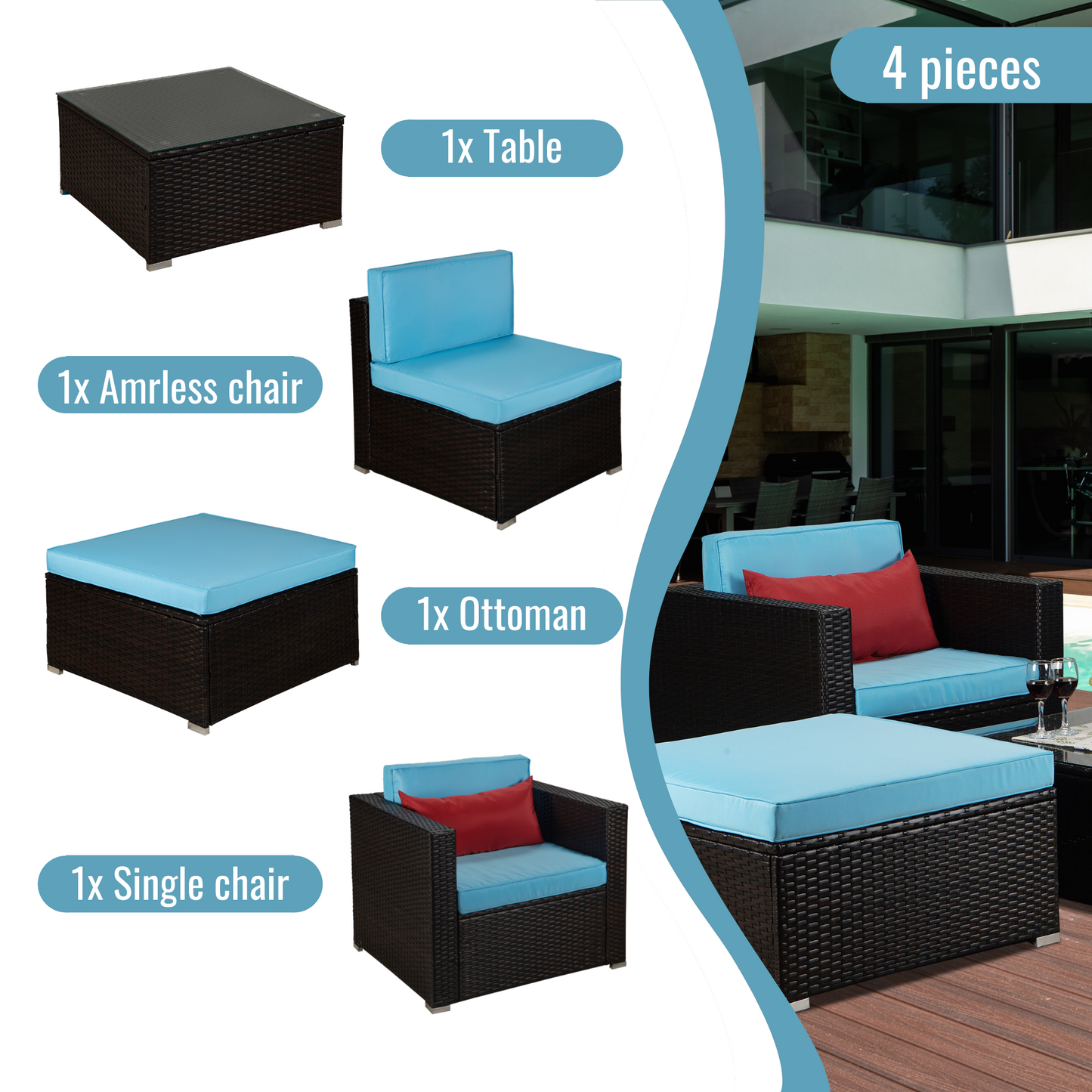 Outdoor Garden Patio Furniture 4-Piece Brown PE Rattan Wicker Sectional Blue Cushioned Sofa Sets with 1 Red Pillow