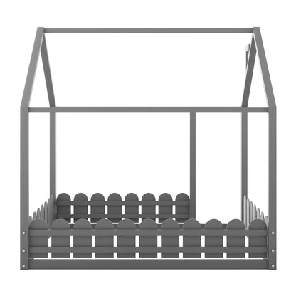 （Slats are not included) Full Size Wood Bed House Bed Frame with Fence, for Kids, Teens, Girls, Boys (Gray )(OLD SKU:WF281294AAE)