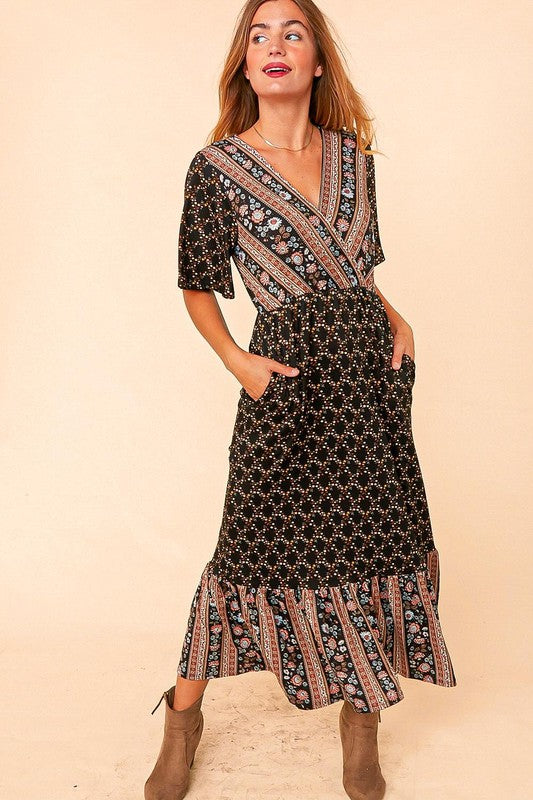 ETHNIC FLORAL BORDER SURPLICE MAXI DRESS