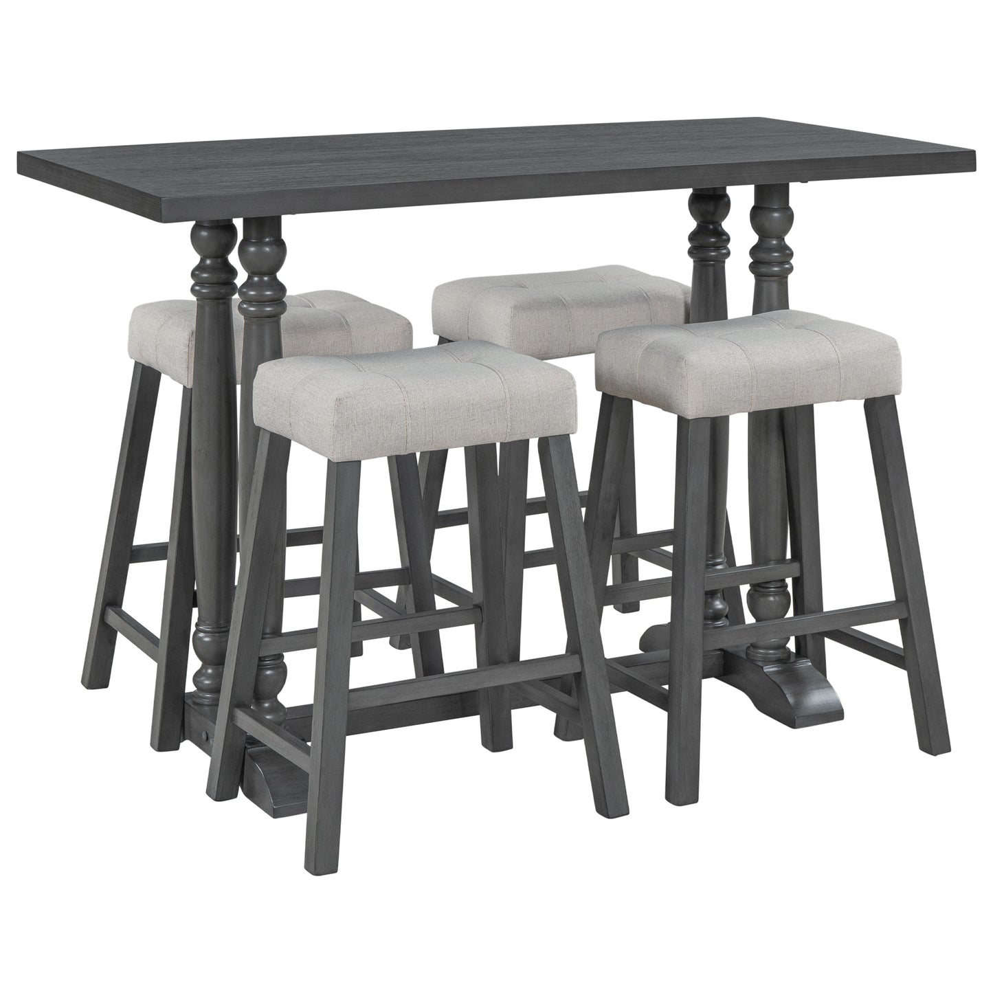 TREXM 5-Piece Dining Table Set, Counter Height Dining Furniture with a Rustic Table and 4 Upholstered Stools for Kitchen, Dining Room (Gray)