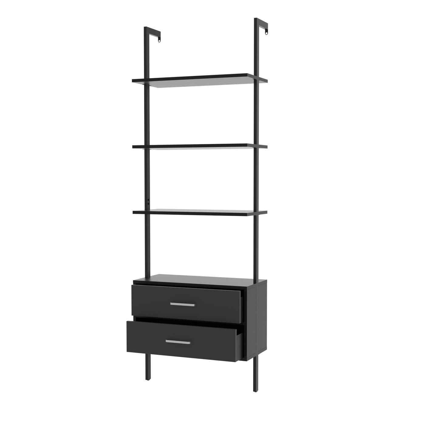 Vertical open space shelf with 2 drawers, Ladder bookcase,Modern storage rack shelves, office bookshelf(black+gray),provides storage for artwork, decorative figurines, and potted plants