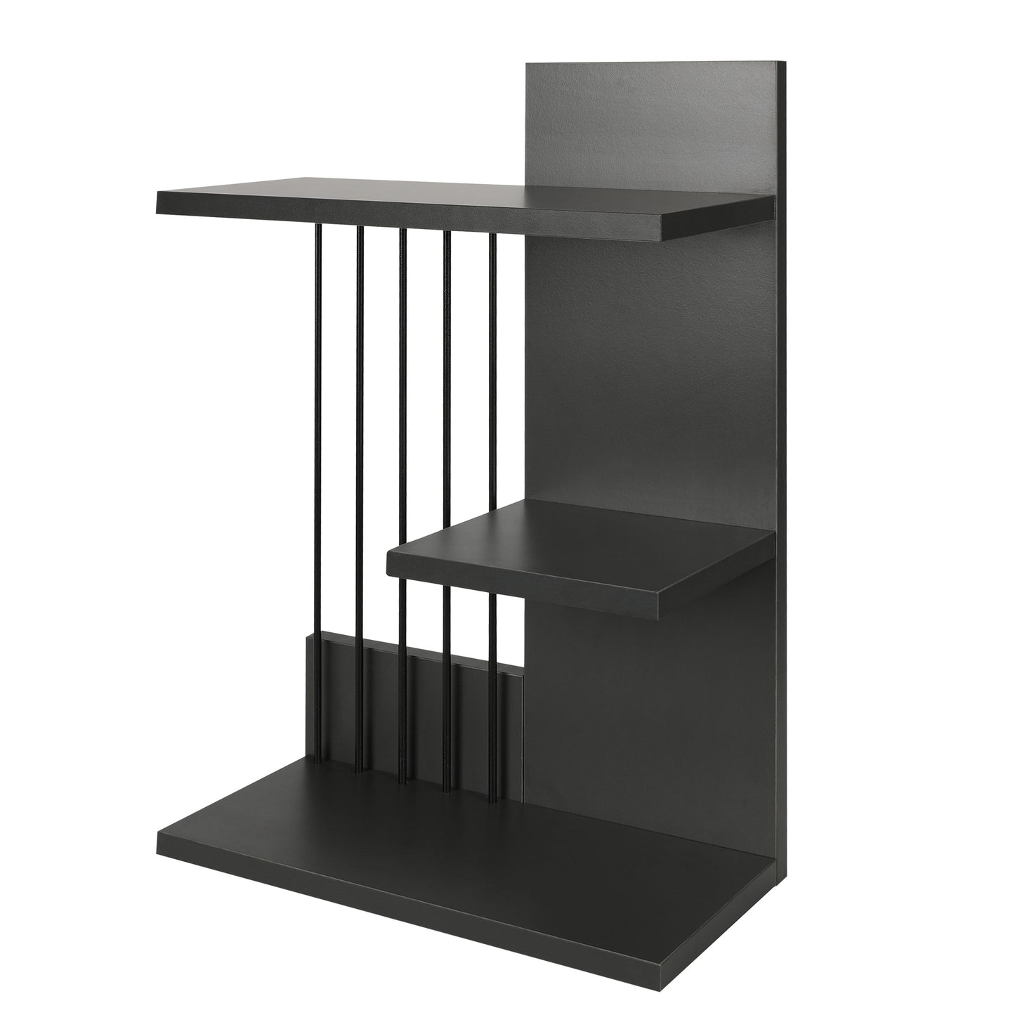 16 Inch 3 Tier Rectangular Wood Floating Wall Mount Shelf with Vertical Bars Accent, Charcoal Gray