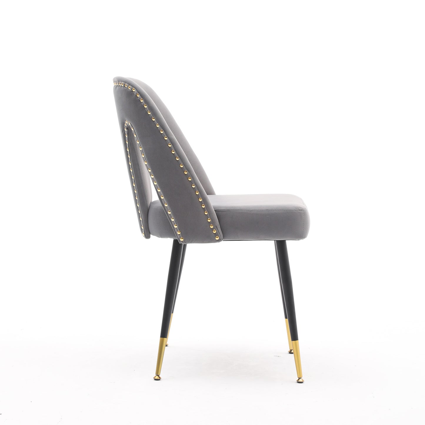 A&A Furniture,Akoya Collection Modern | Contemporary Velvet Upholstered Dining Chair with Nailheads and Gold Tipped Black Metal Legs, Gray，Set of 2