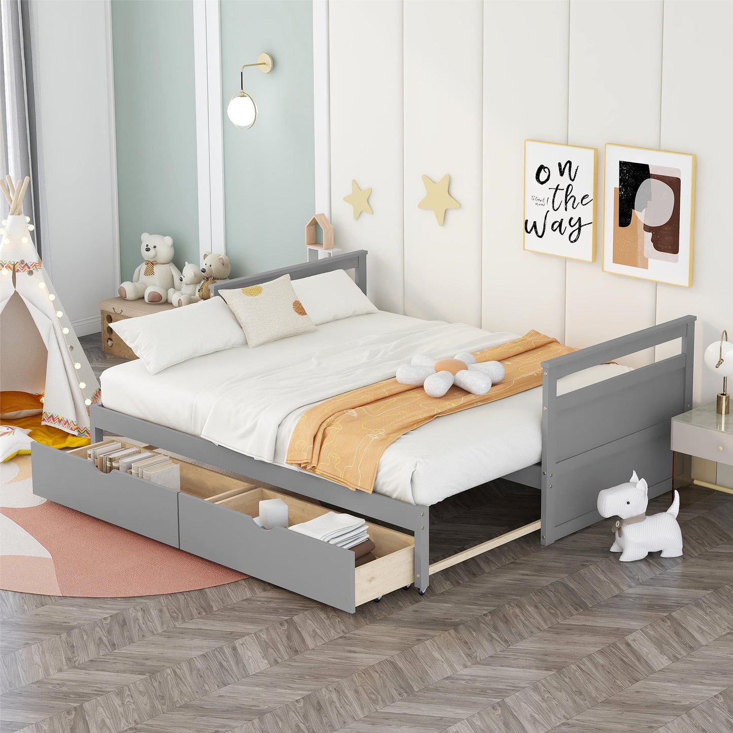 THE TWIN BED CAN BE EXPANDED WITH 2 DRAWERS