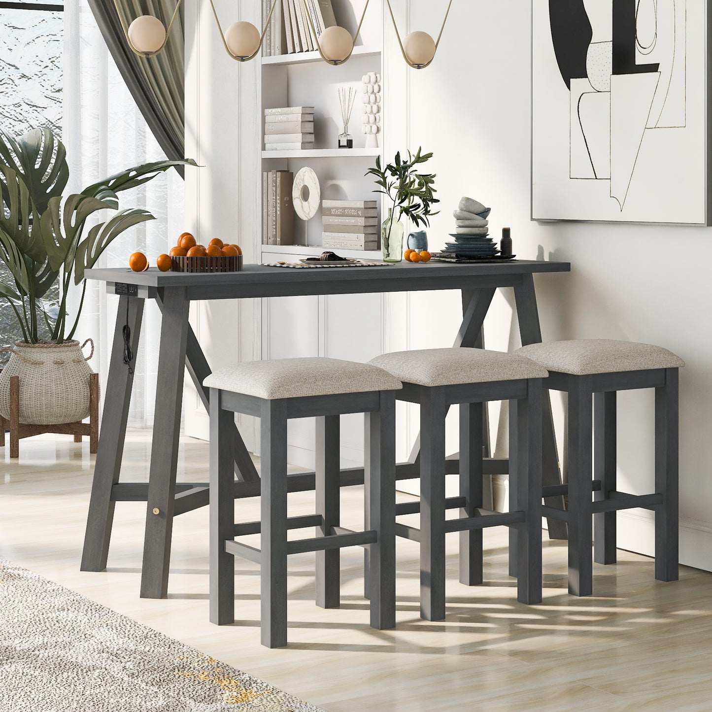 TREXM Multipurpose Home Kitchen Dining Bar Table Set with 3 Upholstered Stools(Gray)