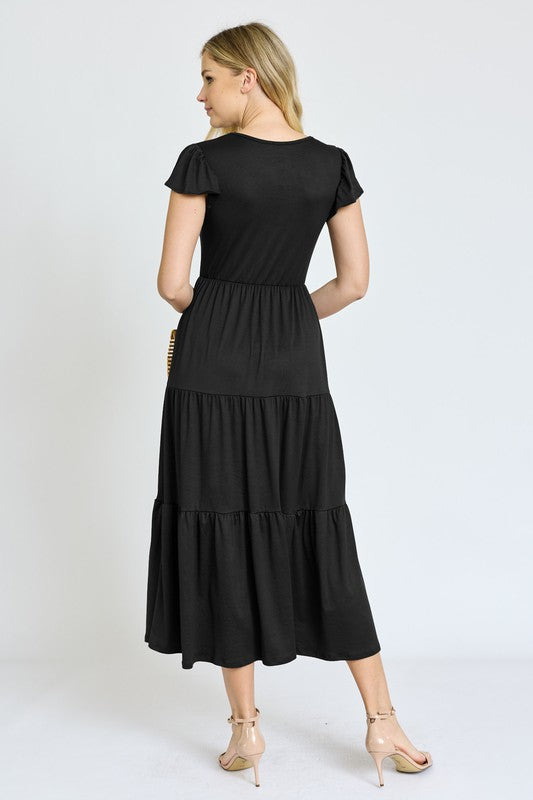 Solid Flutter Sleeve Tiered Tea Length Dress