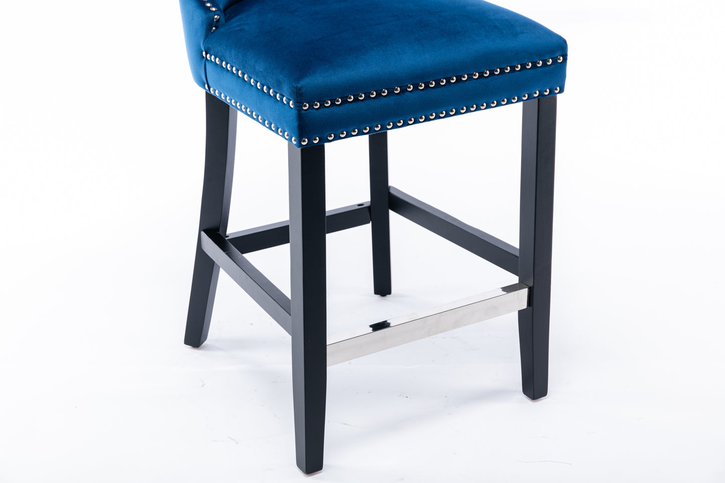 Set of 2 Upholstered Blue Velvet Bar stool with Solid Wood Legs