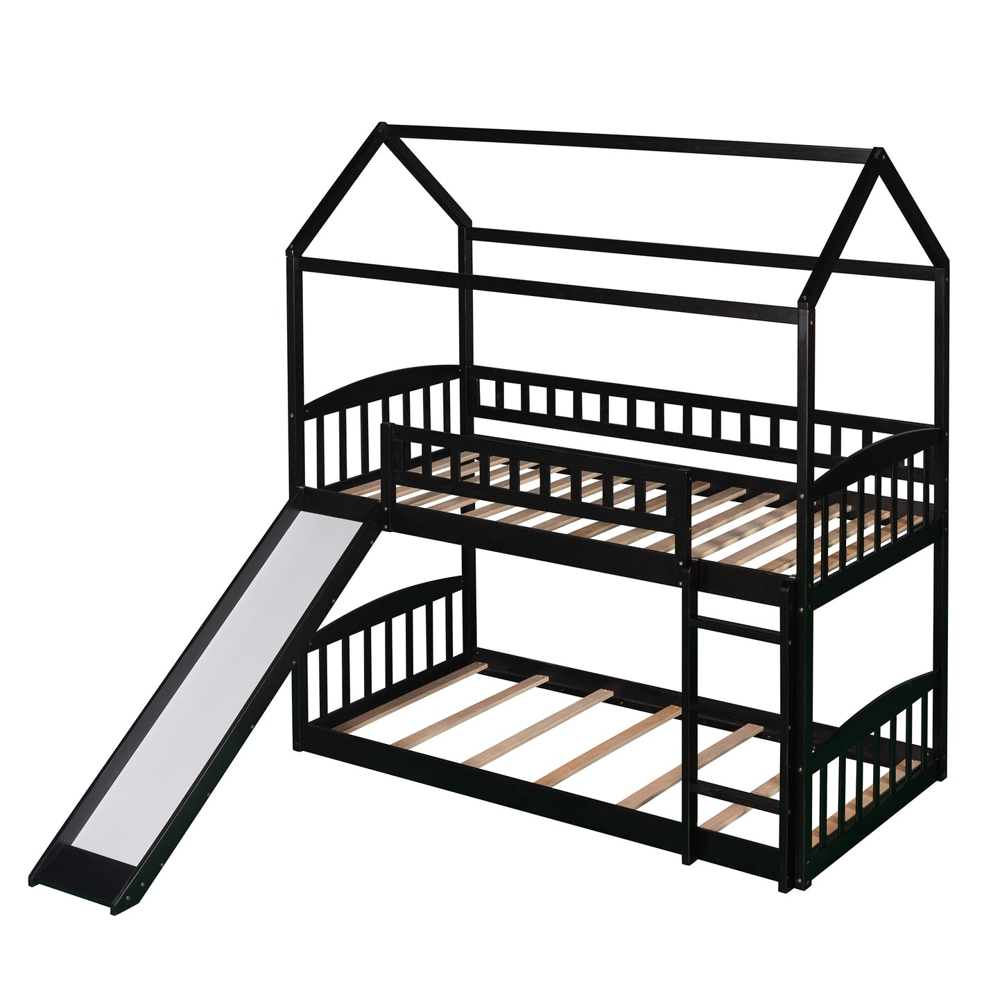 Twin Over Twin Bunk Bed with Slide, House Bed with Slide, Espresso(OLD SKU: LP000213AAP)