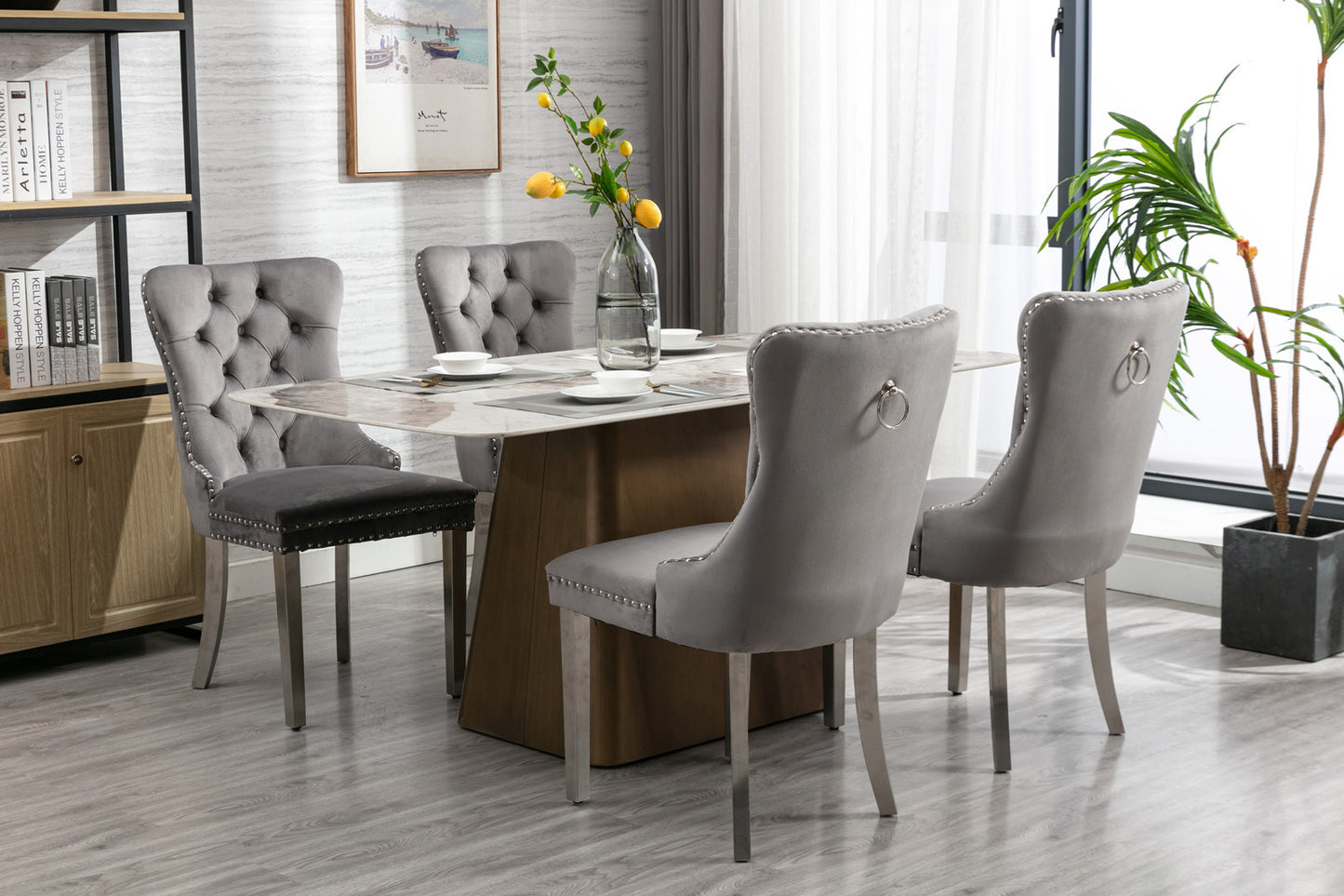 A&A Furniture,Nikki Collection Modern, High-end Tufted Solid Wood Contemporary Velvet Upholstered Dining Chair with Chrome Stainless Steel Plating Legs,Nailhead Trim,Set of 2，Gray and Chrome, SW1701GY