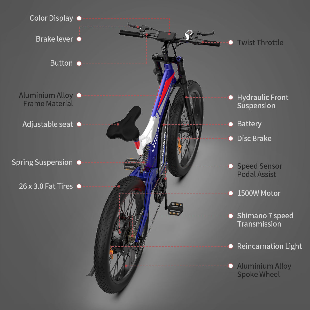 AOSTIRMOTOR 26" 1500W Electric Bike Fat Tire P7 48V 20AH Removable Lithium Battery for Adults S17-1500W