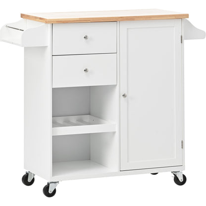 K&K Store Kitchen Cart with Spice Rack ,Towel Rack & Two Drawers,Rubber wood top,Kitchen Island with 4 Wheels for Dining Rooms Kitchens Living Rooms, White