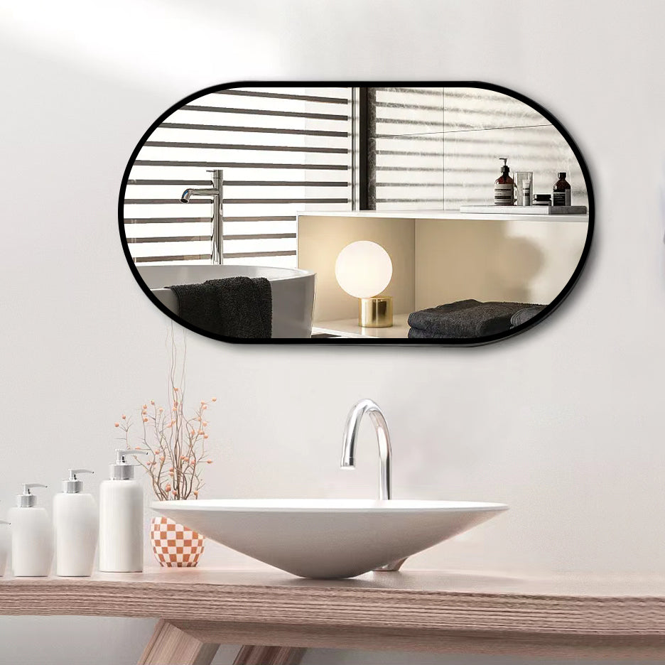 Wall Mounted Mirror, 36’’x18’’ Oval Bathroom Mirror, Black Vanity Wall Mirror w/ Stainless Steel Metal Frame & Pre-Set Hooks for Vertical & Horizontal Hang, Ideal for Bedroom, Bathroom