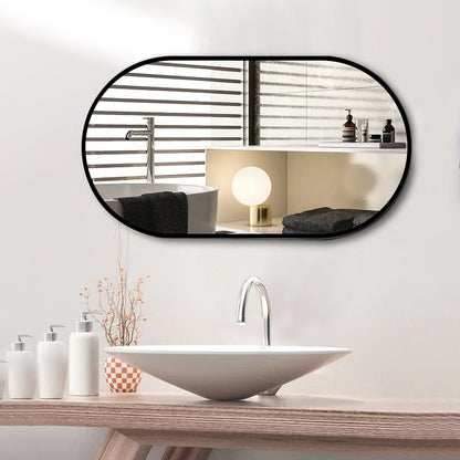 Wall Mounted Mirror, 36’’x18’’ Oval Bathroom Mirror, Black Vanity Wall Mirror w/ Stainless Steel Metal Frame & Pre-Set Hooks for Vertical & Horizontal Hang, Ideal for Bedroom, Bathroom