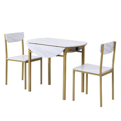 TOPMAX Modern 3-Piece Round Dining Table Set with Drop Leaf and 2 Chairs for Small Places,Golden Frame+Faux White Granite Finish