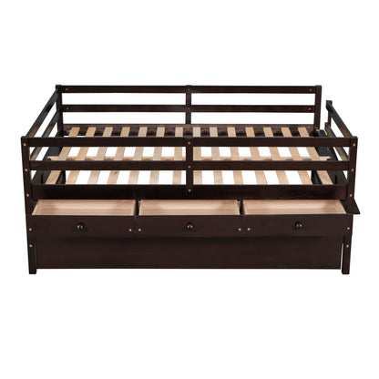 Low Loft Bed Full Size with Full Safety Fence, Climbing ladder, Storage Drawers and Trundle Espresso Solid Wood Bed