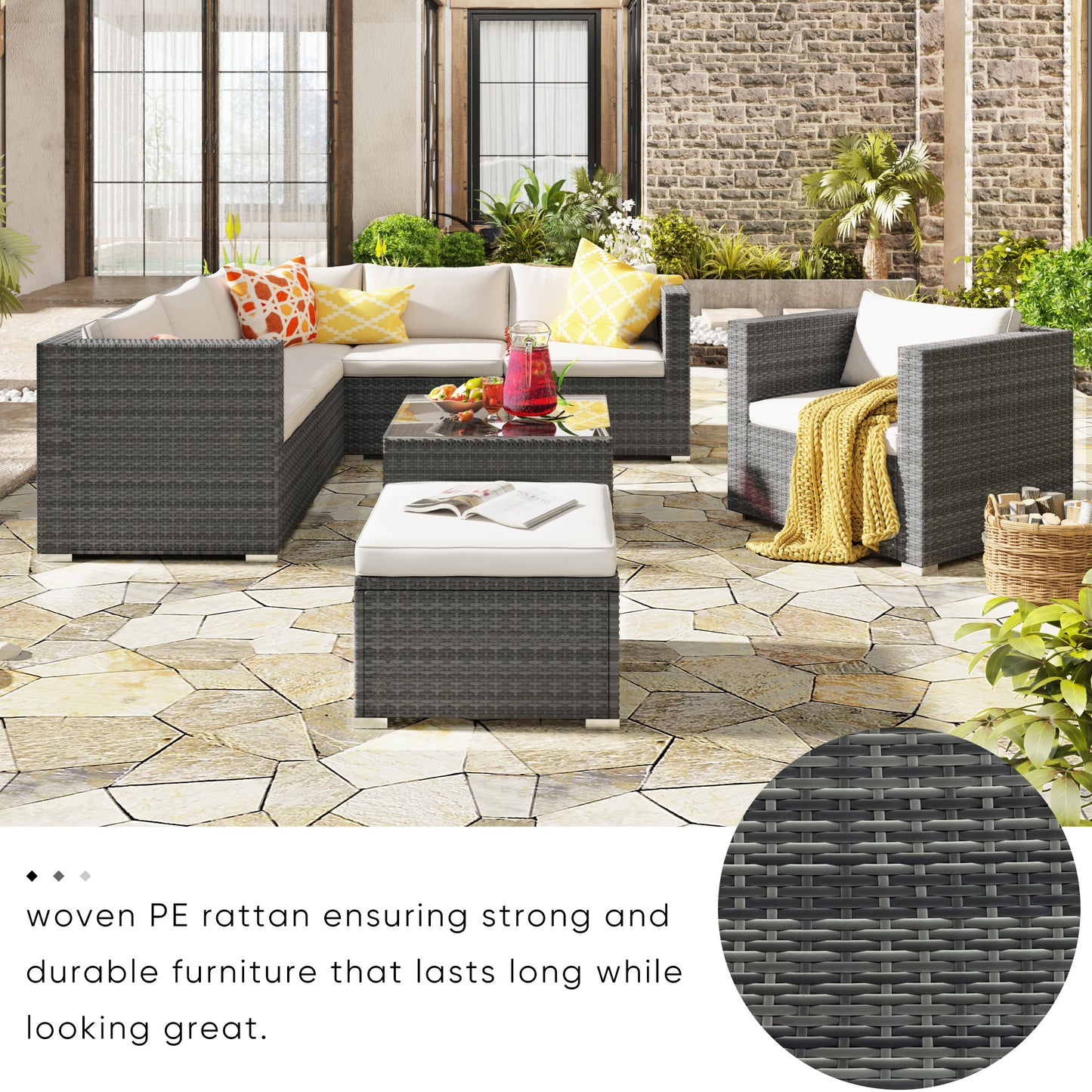 U_STYLE Patio Furniture Sets, 8-Piece Patio Wicker Corner Sofa with Cushions, Ottoman and Coffee Table