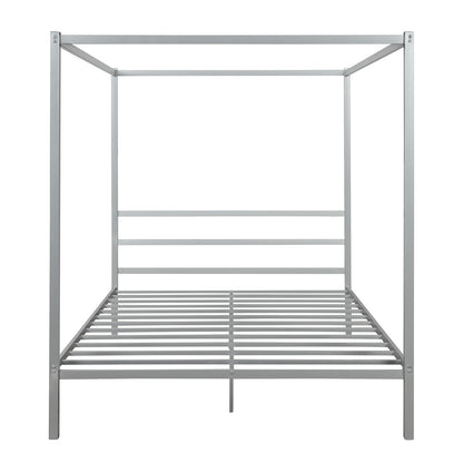 Metal Framed Canopy Platform Bed with Built-in Headboard,No Box Spring Needed, Classic Design, Queen , Sliver