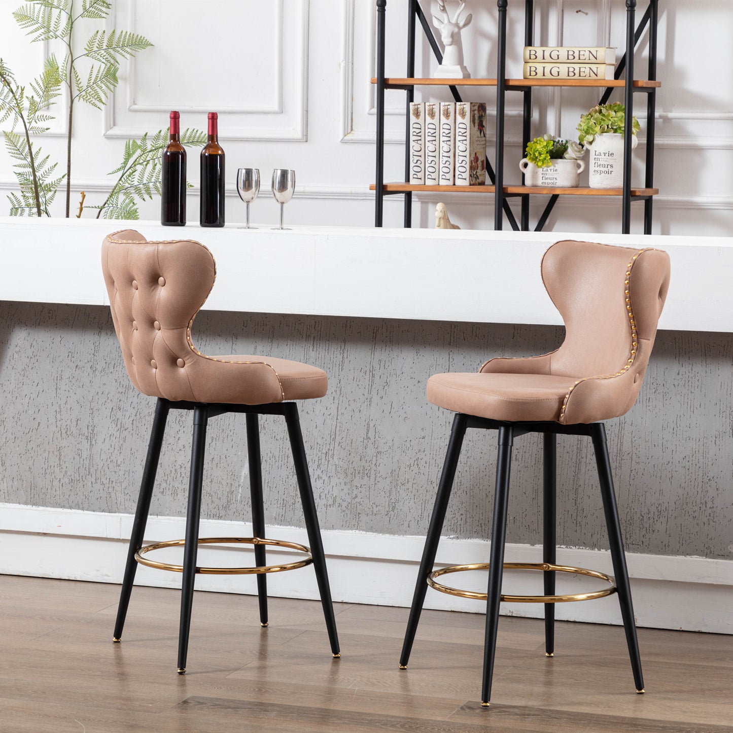 A&A Furniture,29" Modern Leathaire Fabric bar chairs,180° Swivel Bar Stool Chair for Kitchen,Tufted Gold Nailhead Trim Gold Decoration Bar Stools with Metal Legs,Set of 2 (Khaki)