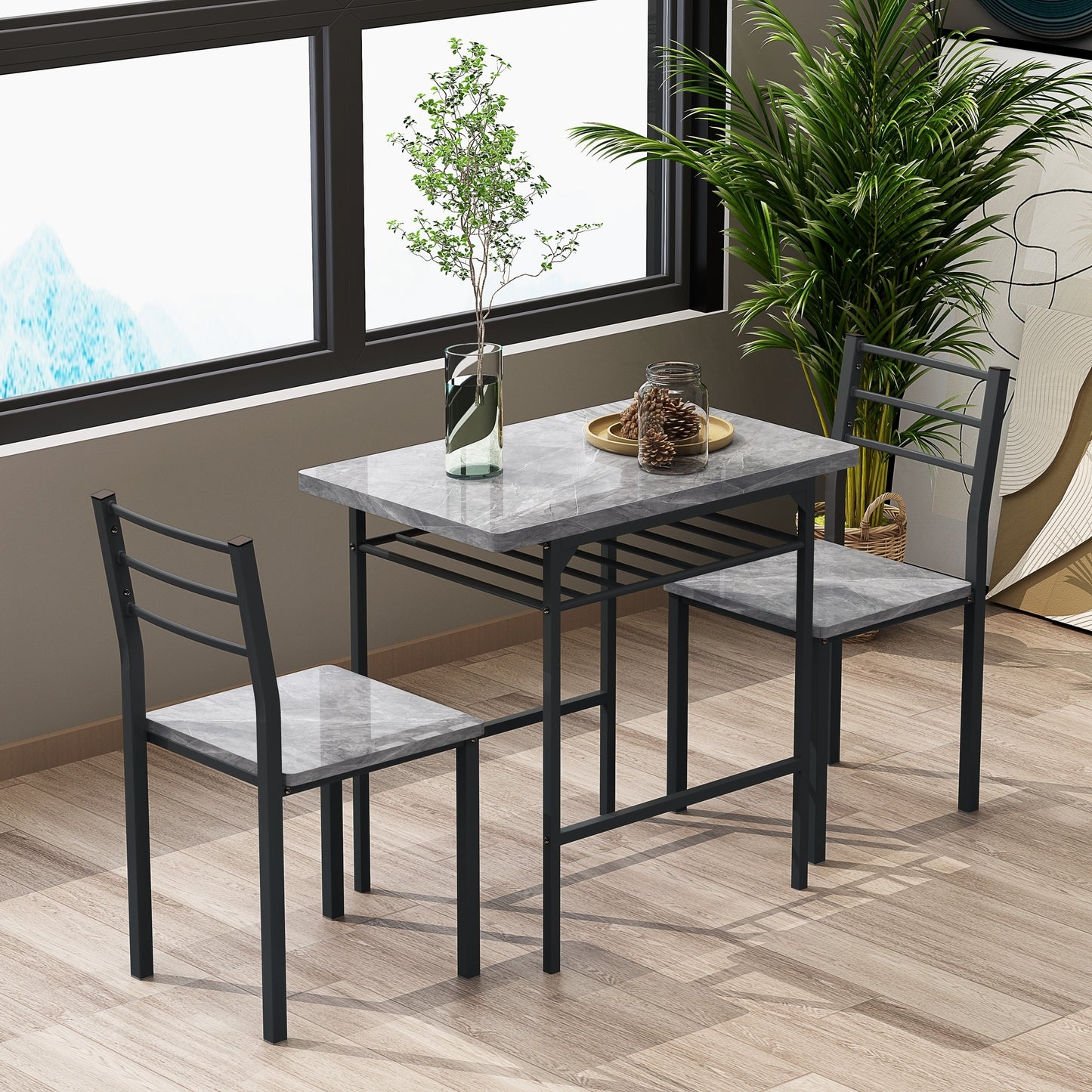 Modern 3-Piece  Dining Table Set with  2 Chairs for Dining Room，Black Frame+Printed Gray Marble Finish