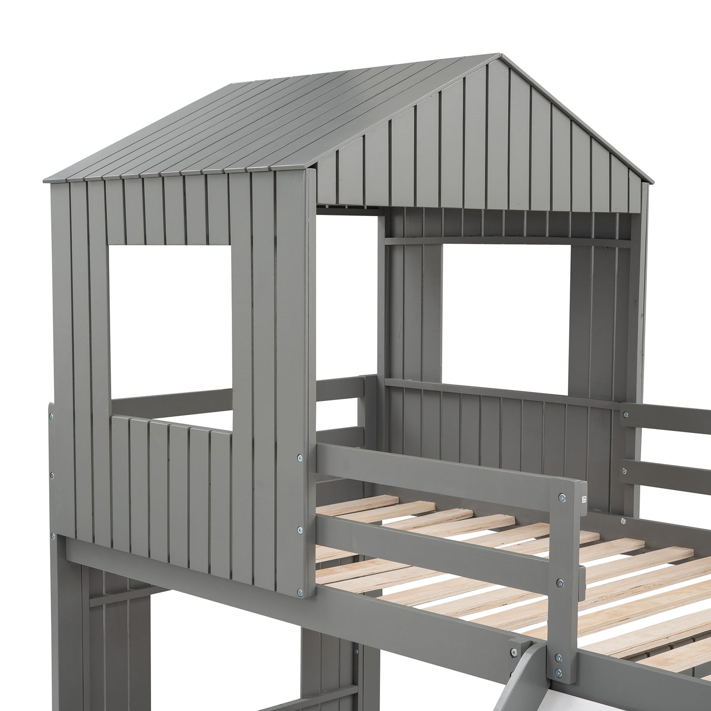 Wooden Twin Over Full Bunk Bed, Loft Bed with Playhouse, Farmhouse, Ladder, Slide and Guardrails . Gray(OLD SKU :LP000028AAN)