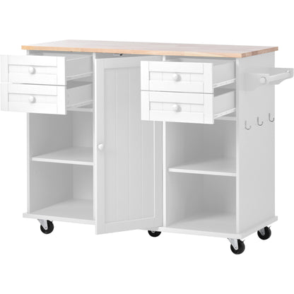 K&K kitchen island cart with Spice Rack, Towel Rack & Drawer,Rubber wood desktop,5 wheels including 4 lockable wheels,52.8inch width (White)