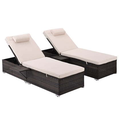 Outdoor PE Wicker Chaise Lounge - 2 Piece patio lounge chair; chase longue; lazy boy recliner; outdoor lounge chairs set of 2;beach chairs; recliner chair with side table （Same as W213S00037)