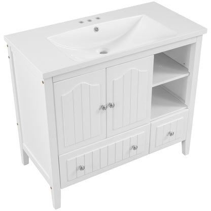 [VIDEO] 36" Bathroom Vanity with Ceramic Basin, Bathroom Storage Cabinet with Two Doors and Drawers, Solid Frame, Metal Handles, White