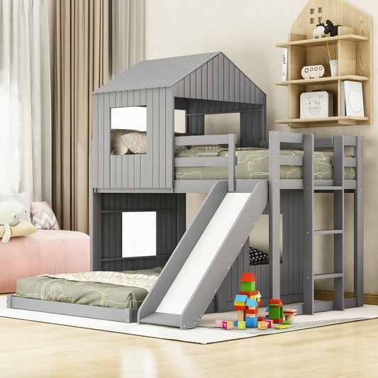 Wooden Twin Over Full Bunk Bed, Loft Bed with Playhouse, Farmhouse, Ladder, Slide and Guardrails . Gray(OLD SKU :LP000028AAN)