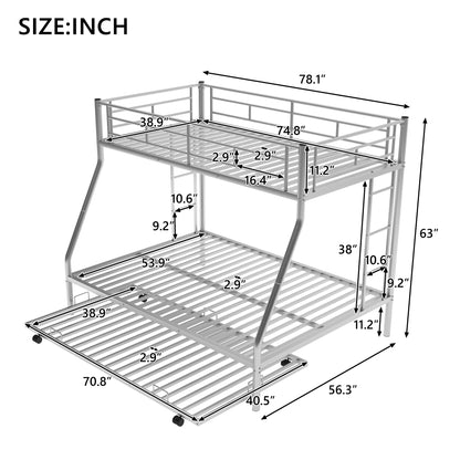 Twin over Full Bed with Sturdy Steel Frame, Bunk Bed with Twin Size Trundle, Two-Side Ladders, Silver(OLD SKU:MF194424AAN)