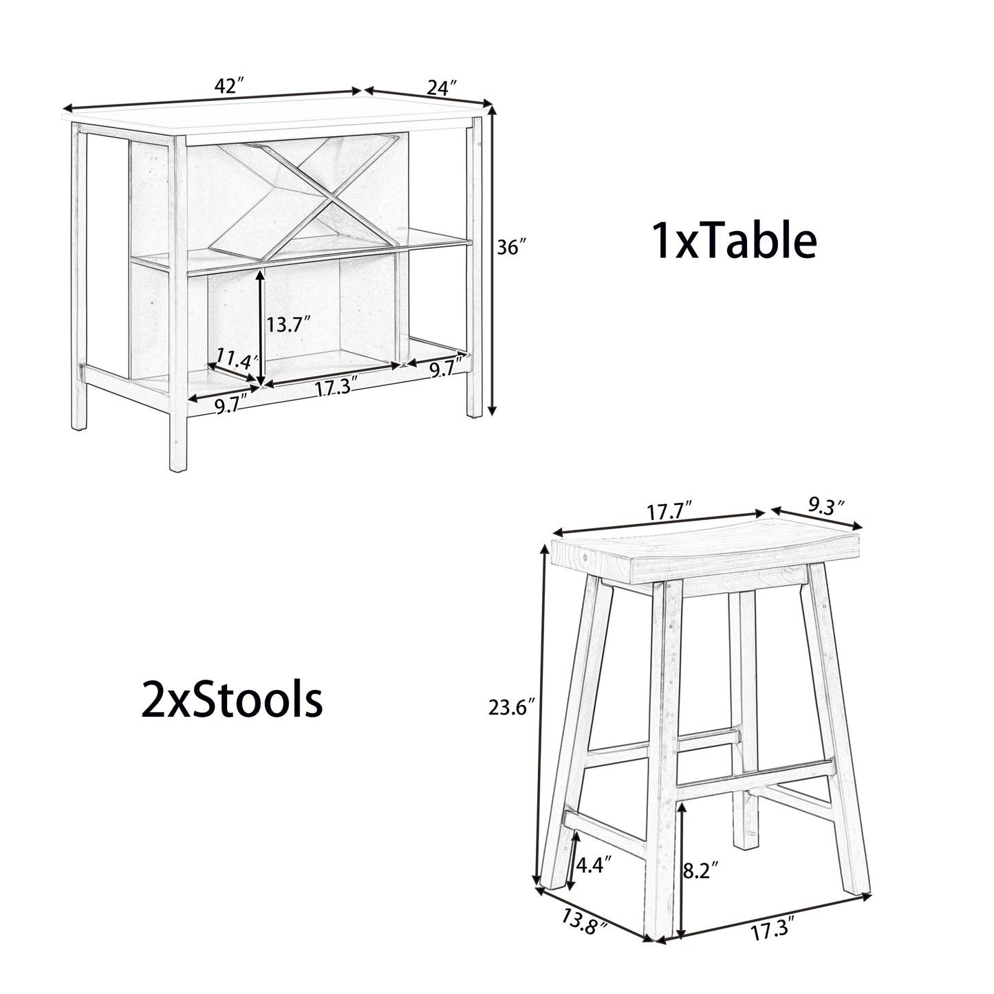 TOPMAX Farmhouse 3-piece Wood Stationary Kitchen Island Set with 2 Seatings, Dining Table Set with  Shelves and Wine Rack for Small Places,Blue Frame+White Top