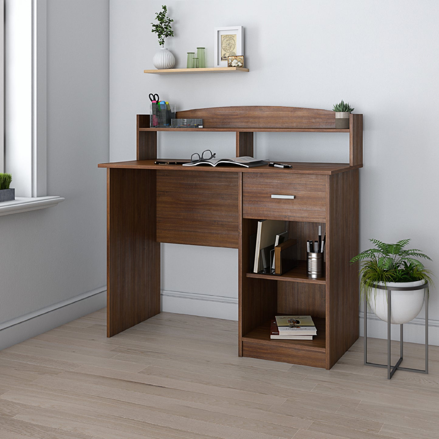 Techni Mobili Modern Office Desk with Hutch, Oak