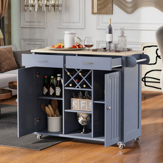 K&K Store Kitchen Island Cart with Two Storage Cabinets and Four Locking Wheels，Wine Rack, Two Drawers,Spice Rack, Towel Rack （Grey Blue）