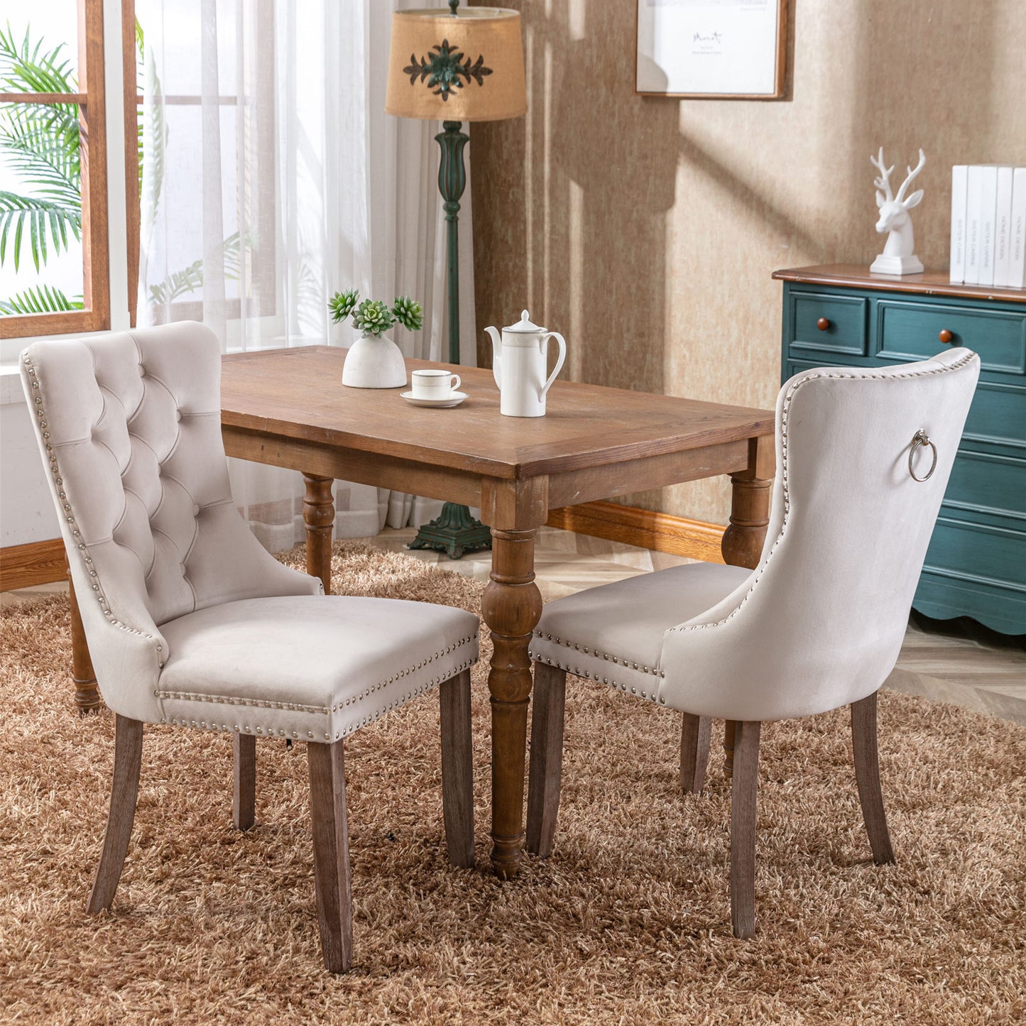 Nikki Collection Modern, High-end Tufted Solid Wood Contemporary Velvet Upholstered Dining Chair with Wood Legs Nailhead Trim 2-Pcs Set，Beige, SW8801BG