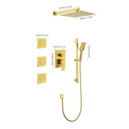 Shower System with Shower Head, Hand Shower, Slide Bar, Bodysprays, Shower Arm, Hose, Valve Trim, and Lever Handles