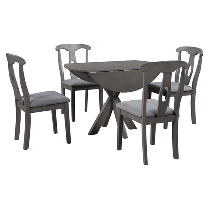 TOPMAX Rustic Farmhouse 5-Piece Wood Round Dining Table Set for 4, Kitchen Furniture with Drop Leaf and 4 Padded Dining Chairs for Small Places, Grey