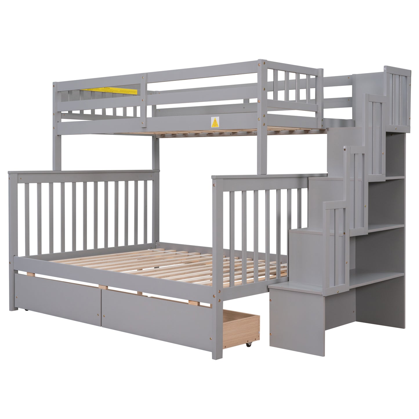 Twin Over Full Bunk Bed with 2 Drawers and Staircases, Convertible into 2 Beds, the Bunk Bed with Staircase and Safety Rails for Kids, Teens, Adults, Grey