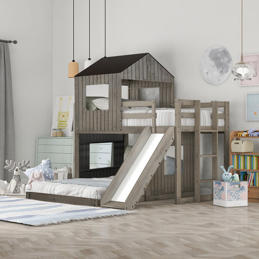 Wooden Twin Over Full Bunk Bed, Loft Bed with Playhouse, Farmhouse, Ladder, Slide and Guardrails, White(OLD SKU :LT000028AAE)