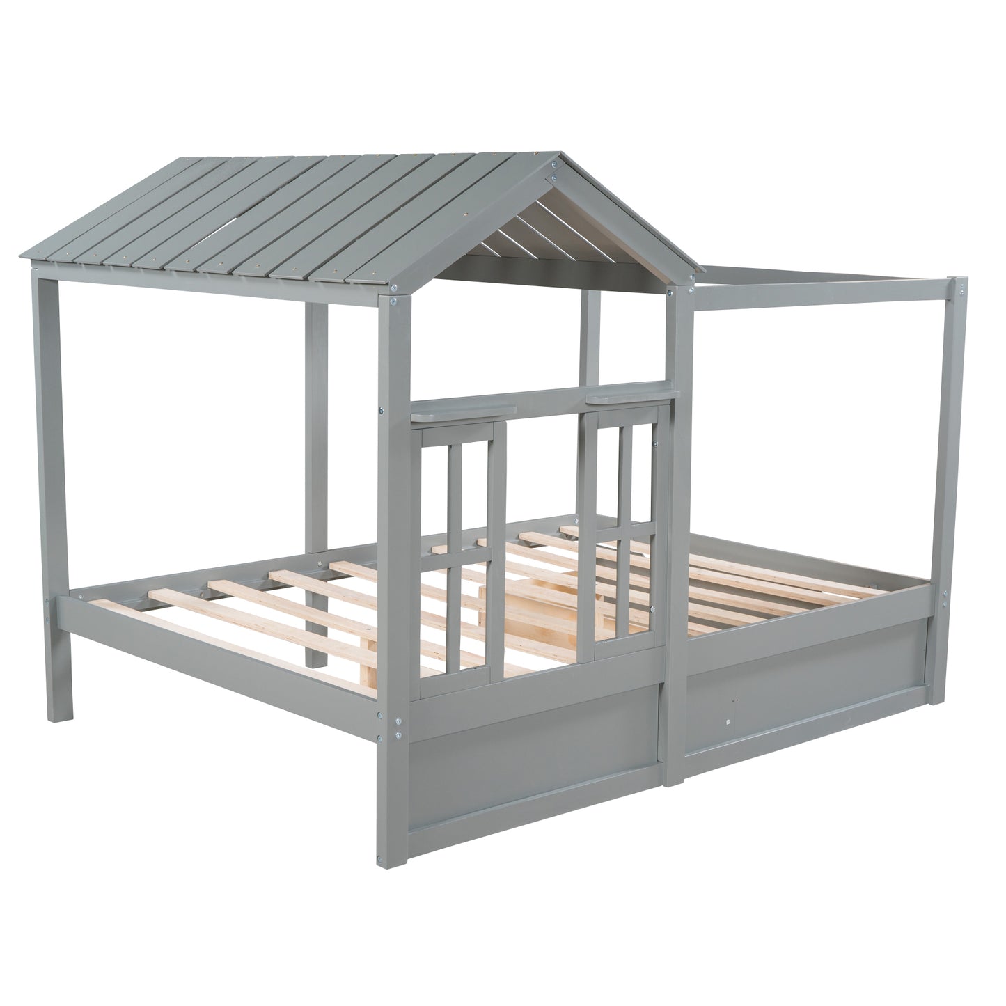 Full Size House Bed with Roof, Window and Drawer - Gray