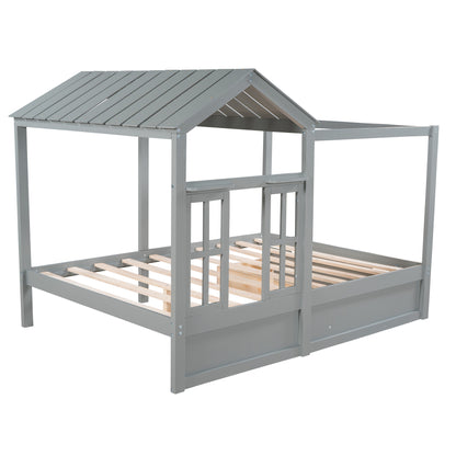 Full Size House Bed with Roof, Window and Drawer - Gray