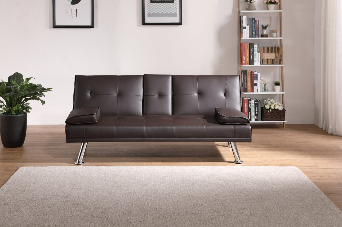[New+Video] Brown Leather Multifunctional Double Folding Sofa Bed for Office with Coffee Table