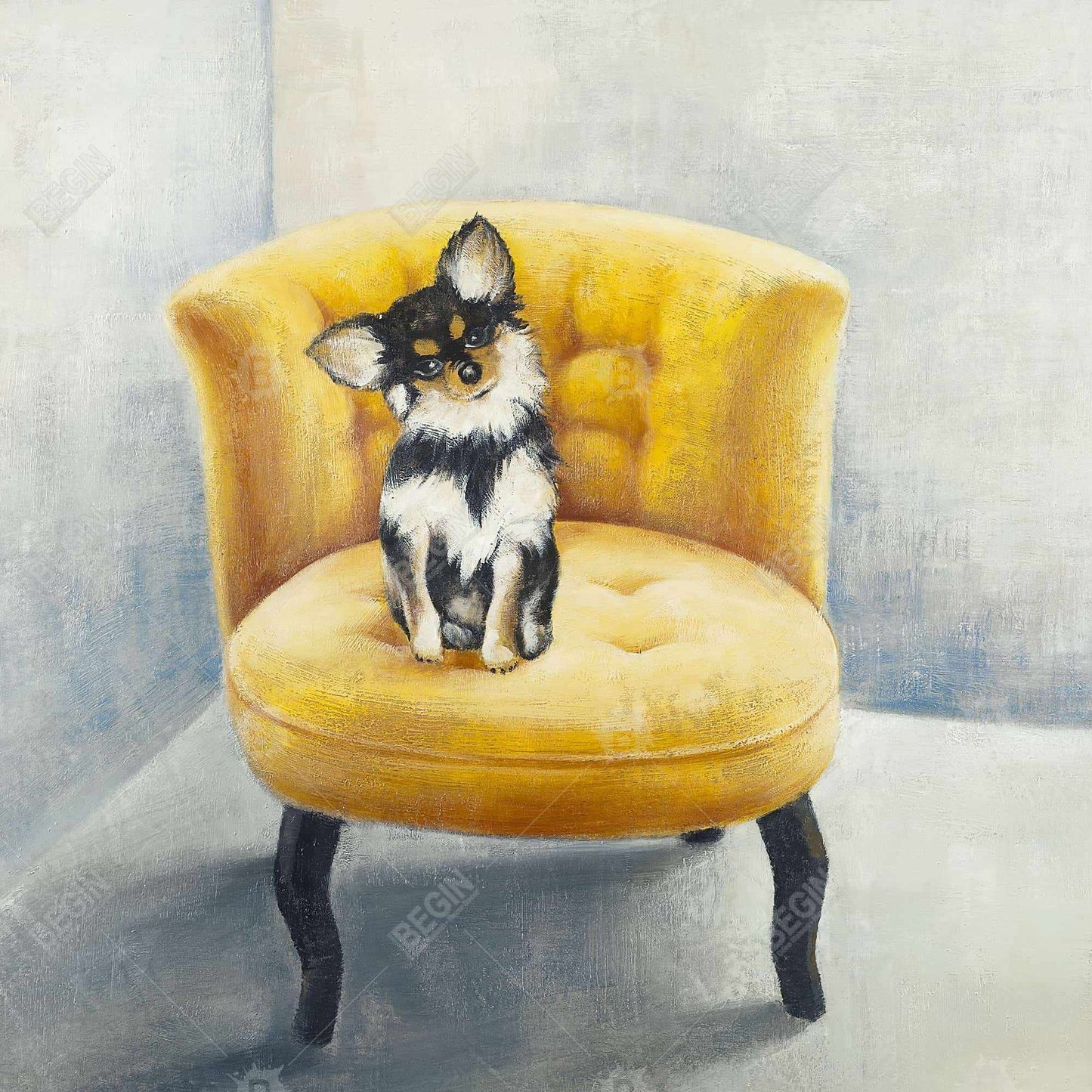 Long-haired chihuahua on a yellow armchair - 08x08 Print on canvas