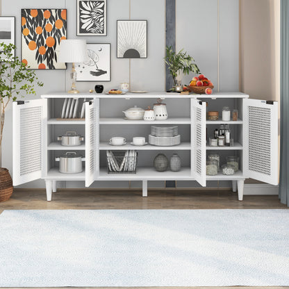 TREXM Large Storage Space Sideboard with Artificial Rattan Door and Unobtrusive Doorknob for Living Room and Entryway (White)