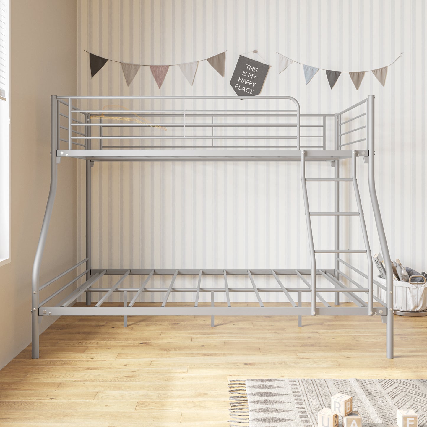 Heavy Duty Twin-Over-Full Metal Bunk Bed, Easy Assembly with Enhanced Upper-Level Guardrail, Silver