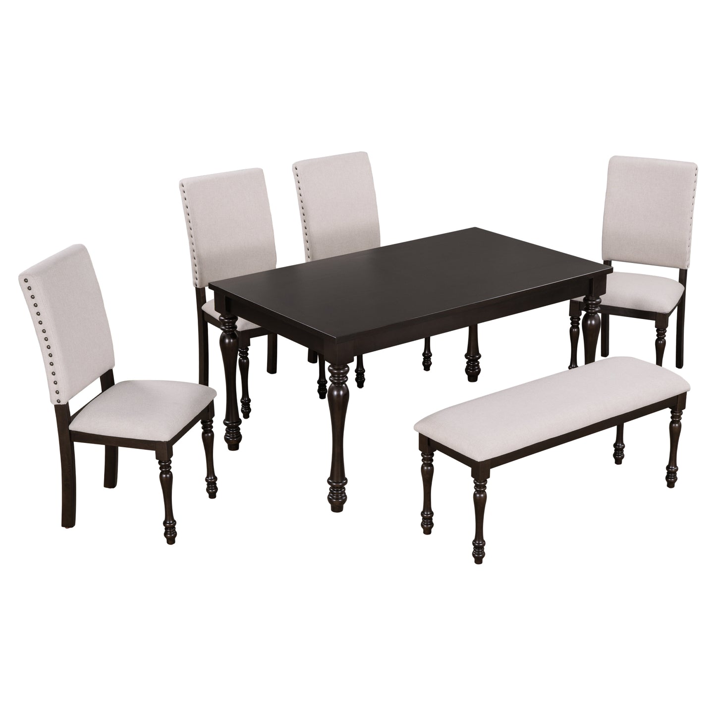 TREXM 6-Piece Wood Dining Table Set Rectangular Table with Turned Legs, 4 Upholstered Chairs and Bench for Dining Room (Espresso)