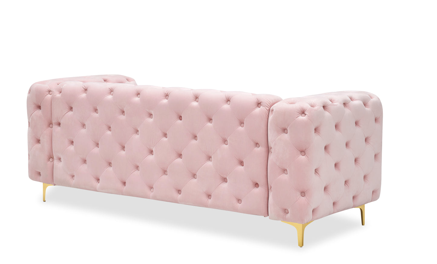 New design comfortable pink loveseat with two throw pillows in the same color