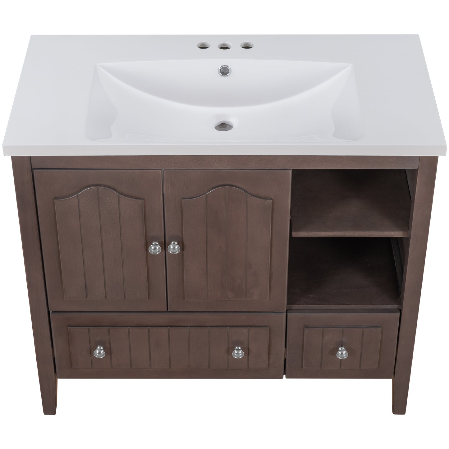 [VIDEO] 36" Bathroom Vanity with Ceramic Basin, Bathroom Storage Cabinet with Two Doors and Drawers, Solid Frame, Metal Handles, Brown