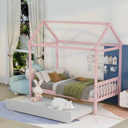 WARM PINK TWIN HOUSE BED WITH WHITE TWIN TRUNDLE