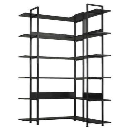 74.8 Inch Bookshelf L-shape MDF Boards Stainless Steel Frame Corner 6-tier Shelves Adjustable Foot Pads, Black